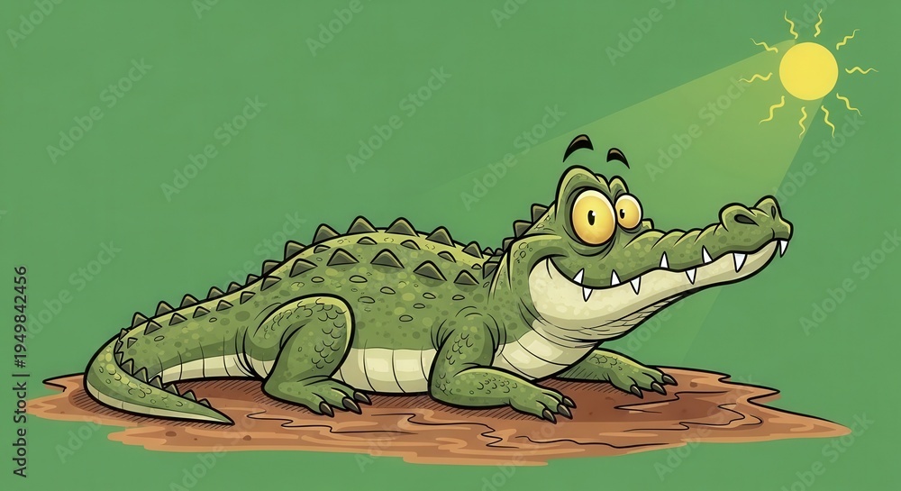 Fototapeta premium Cartoon Crocodile Resting on Muddy Ground Under Bright Sun for Children's Illustration