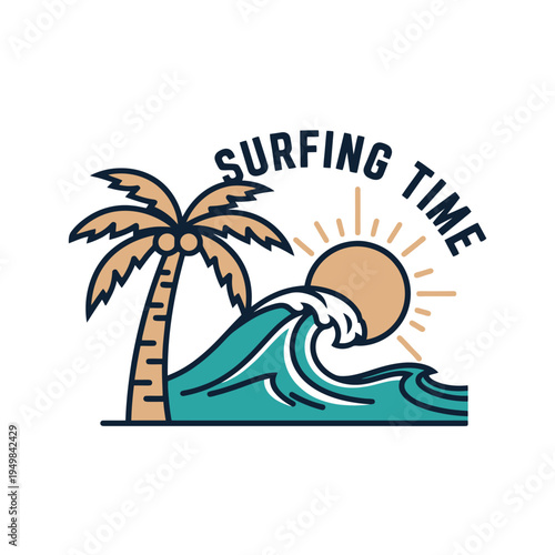 Surfing Time - Tropical Beach Scene with Palm Tree, Sun, and Waves.