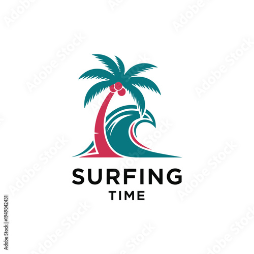 Surfing Time Logo - Palm Tree and Ocean Wave Design for Summer Fun.