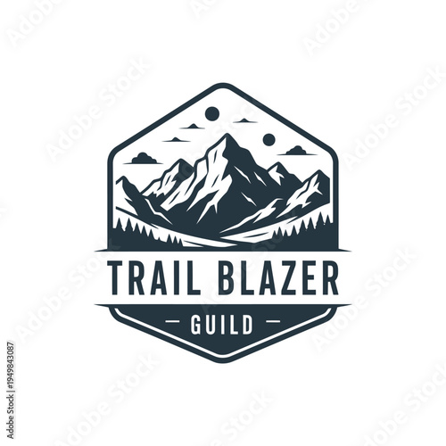Trail Blazer Guild Logo - Majestic Mountain Landscape Emblem Design.