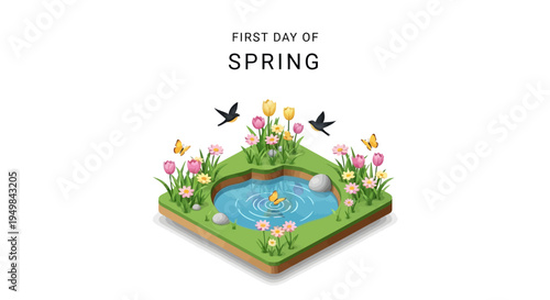 Isometric illustration of a blooming spring landscape with flowers, birds, and a pond on the first day of spring, conveying a fresh and floral background concept.