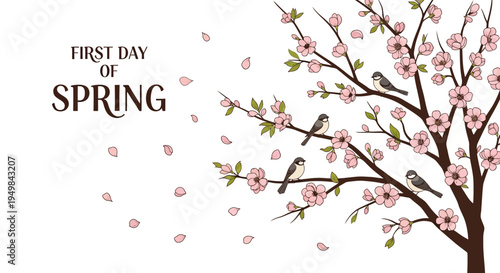 Illustration of a blooming cherry blossom tree with birds on the first day of spring, featuring a floral background and pink petals, conveying a fresh springtime concept.
