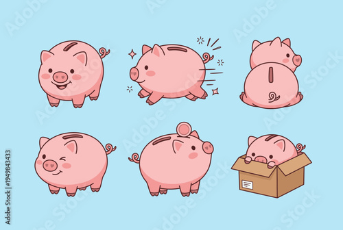 Adorable pink piggy bank character in different poses and actions including running jumping and sitting in box for money saving and finance concept