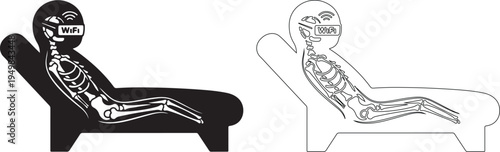 Black and White Human Skeleton Wearing VR Headset 'WIFI' Sitting in Reclined Chair Vector isolated PNG with Transparent Background