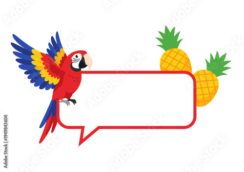 Tropical Parrot Macaw Character Perched on Red Speech Bubble with Pineapple Fruits for Summer Vacation Travel and Exotic Wildlife Theme Design