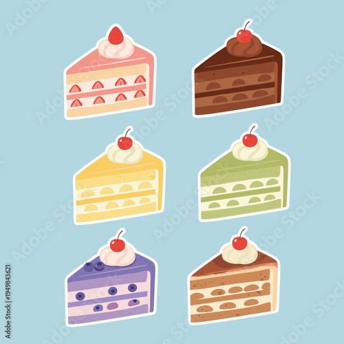 Set of Delicious Cake Slices with Different Flavors Including Strawberry Chocolate Matcha Blueberry and Tiramisu for Dessert Menu Sticker Design