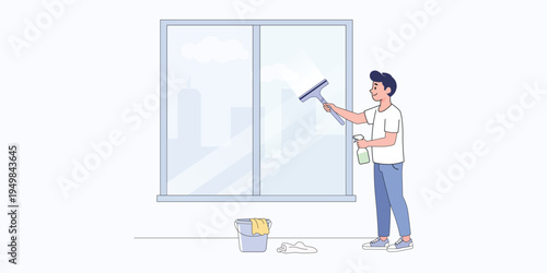 Man cleaning window with squeegee in modern office building