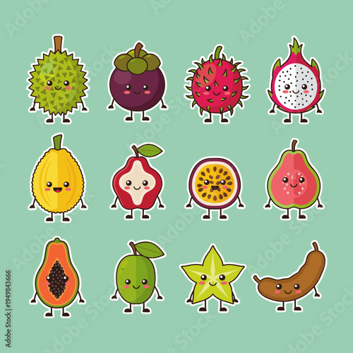 Collection of exotic tropical fruit characters with cute faces including durian mangosteen dragon fruit and passion fruit