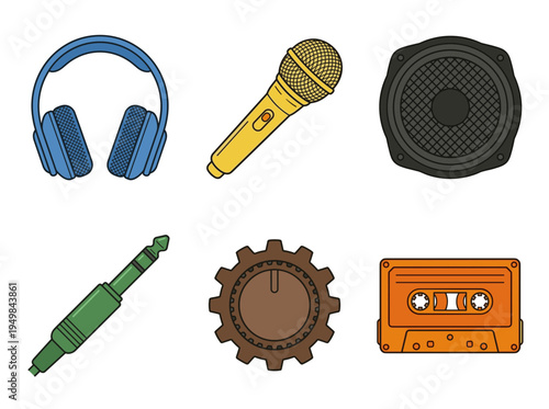 Audio equipment and music production icons featuring headphones microphone speaker driver audio jack connector volume knob and classic cassette tape