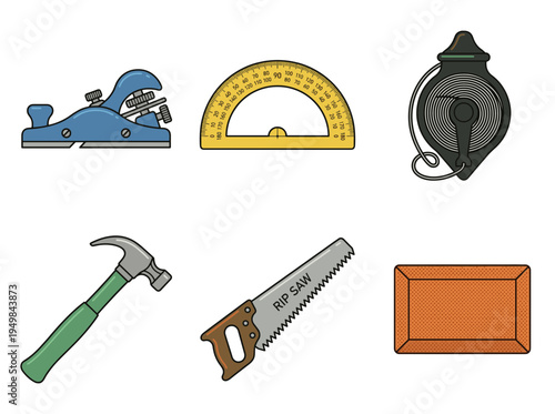 Woodworking and carpentry hand tools collection with block plane protractor chalk line reel hammer hand saw and professional finishing sharpening stone
