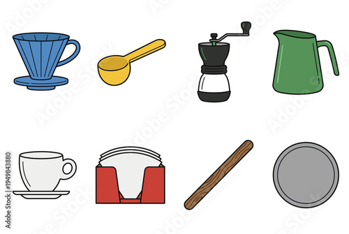 Manual coffee brewing equipment set with pour over dripper measuring spoon coffee grinder ceramic pitcher coffee cup paper filters and stirring stick