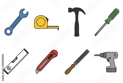 Comprehensive home repair hand tools kit including wrench tape measure hammer screwdriver spirit level utility knife metal file and cordless power drill