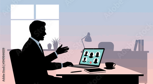 Businessman engaged in remote meeting with colleagues on laptop