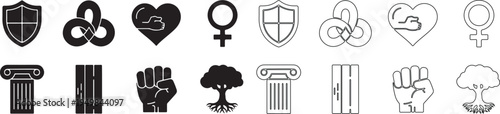 Modern Vector Icon Set: Social Justice Symbols with Shield, Heart, Fist, Tree, Books, Female Sign isolated PNG with Transparent Background