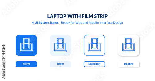 laptop with film strip UI button states set. Outline icon kit from cinema collection. Thin linear laptop with film strip, strip, film editable vector. Line vector laptop with film strip sign