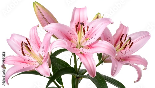A cluster of delicate pink flowers with spotted petals, showcasing vibrant pistils and graceful green stems against white