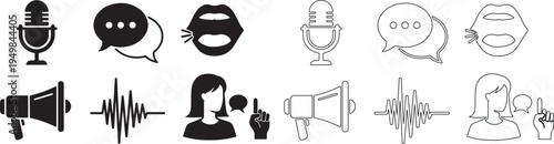 Voice and Communication Icon Set. Speech, Sound, Microphone, Megaphone, Discussion Symbols. Solid Black and Outline Styles. isolated PNG with Transparent Background