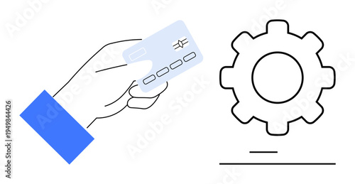 Payment solutions, E-commerce, financial transactions, automation, fintech integration, online shopping. Hand holding a credit card beside a gear icon. Payment solutions and e-commerce concepts