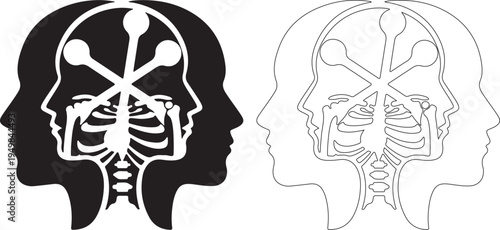 Isolated Black and White Human Head Profiles Vector with Abstract Internal Brain and Torso Design isolated PNG with Transparent Background