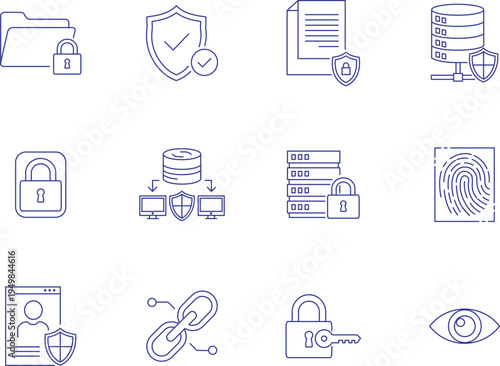 Data Privacy and Information Protection Line Icon Set with Secure Network and Encryption Symbols