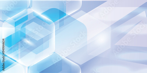 Blue abstract technology background with transparent hexagon shapes and curved lines, modern glassmorphism digital business banner template