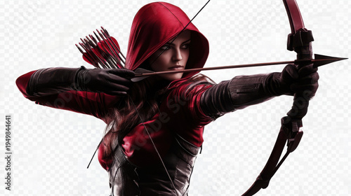 A female archer dressed in red and black attire aiming a bow