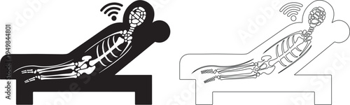 Human skeleton X-ray in medical diagnostic scanner with wireless brain scan signal. Black and outline vector graphic. isolated PNG with Transparent Background