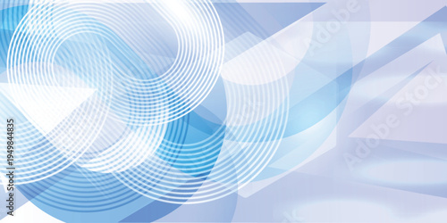 Blue abstract technology background with overlapping white concentric circles and geometric shapes, dynamic modern digital banner