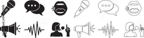 Communication and Voice Icons Set, Filled and Outline Styles, Vector Illustration isolated PNG with Transparent Background
