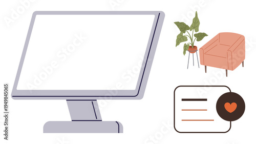 Workspace design, online communication, remote work, home office, digital tools, modern lifestyle. A monitor, plant chair and heart icon. Workspace design and online communication