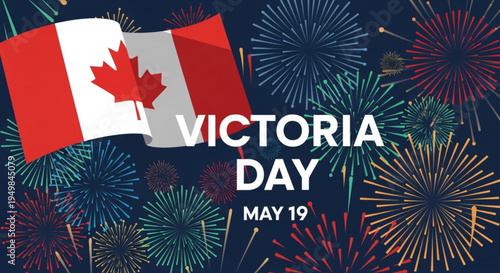Canadian victoria day celebration with fireworks and flag on dark blue background