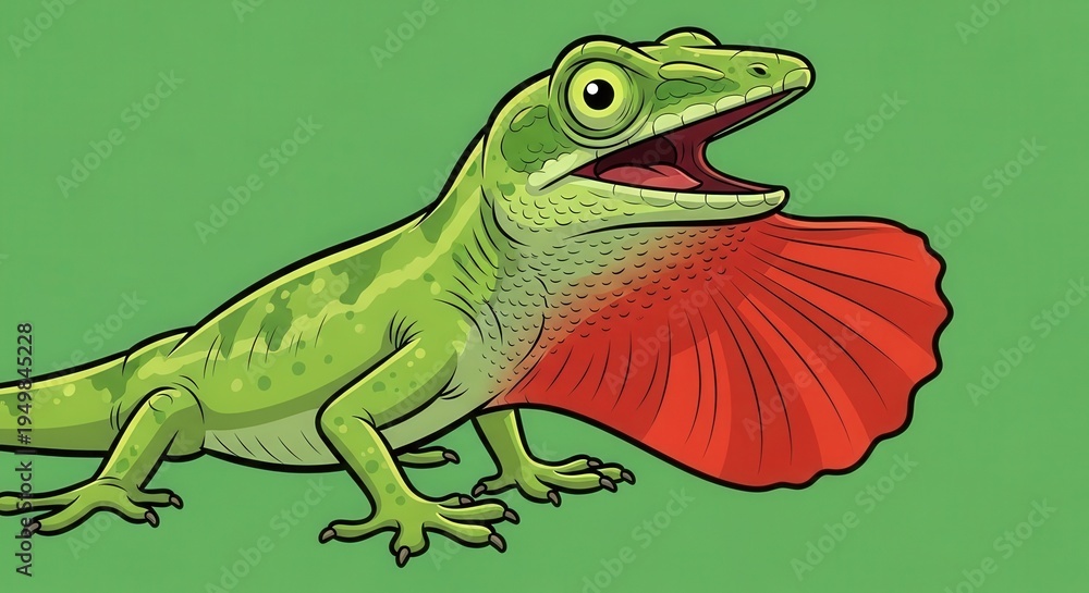 Fototapeta premium Illustrative Cartoon of a Dinosaur with a Red Fan Tail in a Green Background