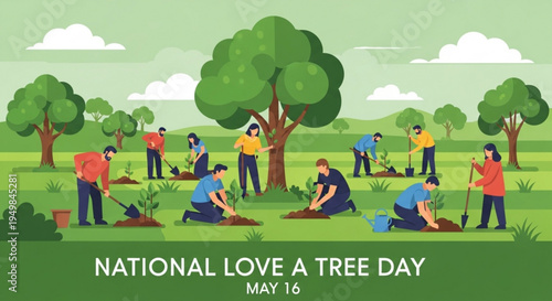 People planting trees on national love a tree day in a green park with clouds