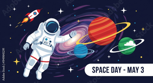 Astronaut floating in space with planets and rocket on space day may 3 celebrating exploration