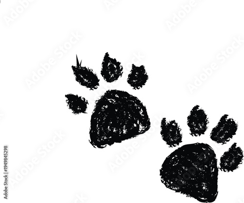 two black paw prints hand drawn illustration with rounded pads and four toes simple animal track symbol representing pets wildlife nature movement trail isolated on white background minimal sketch des