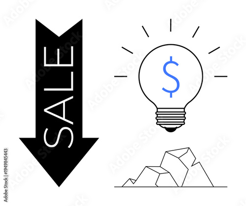 Retail discounts, business strategy, innovation, financial savings, affordable solutions, economic success. Downward arrow with SALE, lightbulb with dollar sign and geometric shapes. Retail