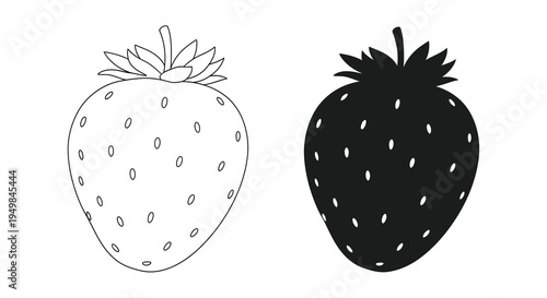 A minimalistic black and white illustration depicts two strawberries one with seeds showing and the other in solid silhouette high quality