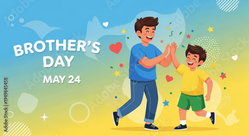 Brother's day celebration with happy brothers high fiving surrounded by colorful hearts and stars on yellow blue background