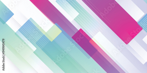 Vibrant abstract geometric background with diagonal rectangles in magenta, cyan and green, modern tech style digital banner design