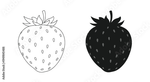 A minimalist black and white illustration depicts two strawberries one light and one dark showcasing contrasting tones and simple forms
