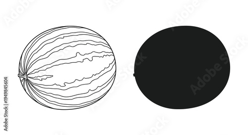 A simple illustration depicts two watermelons one with detailed striped lines and the other completely shaded black high quality