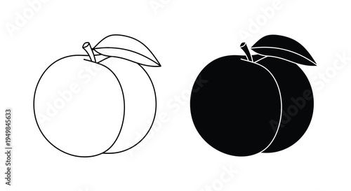 A simple black and white illustration depicts two peaches one with a white fill and one solid black side by side