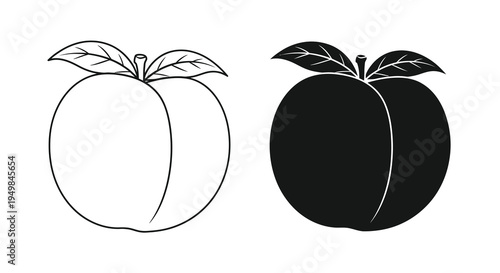 A pair of stylized peach illustrations are presented in a black and white design showcasing both positive and negative space