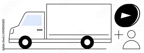Logistics, transportation, delivery services, e-commerce, digital tracking, online shopping. A box truck with a play button and user icon. Logistics and transportation concepts