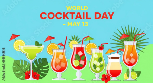Colorful cocktails with umbrellas and tropical leaves on green and blue background for world cocktail day may 13