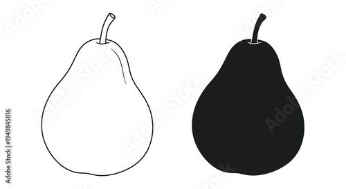 A minimalist black and white illustration depicts two pears in contrasting tones showcasing form and simple botanical representation high quality professional