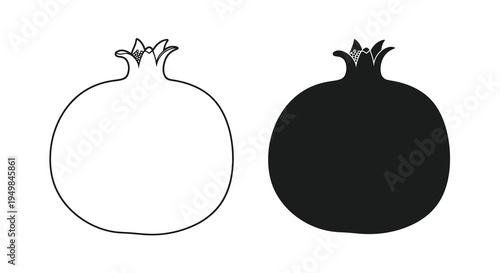 A minimalist depiction of two pomegranates one white and one black presented as simple line drawings high quality professional