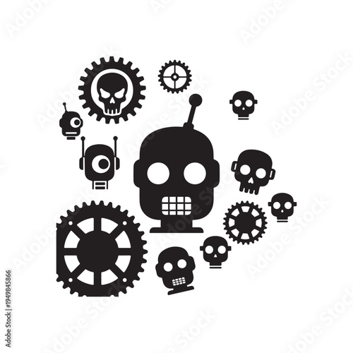 Robot Heads and Mechanical Gears Silhouette Collection for Industrial and Technology Design. 