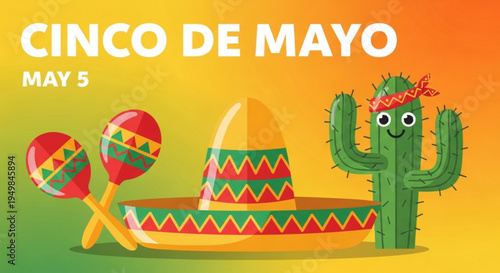 Cinco de mayo celebration with sombrero cactus and maracas on gradient background