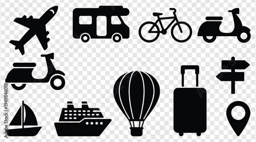Collection of black travel icons including an airplane camper van bicycle scooters sailboat cruise ship hot air balloon suitcase and directional signs isolated on transparent background